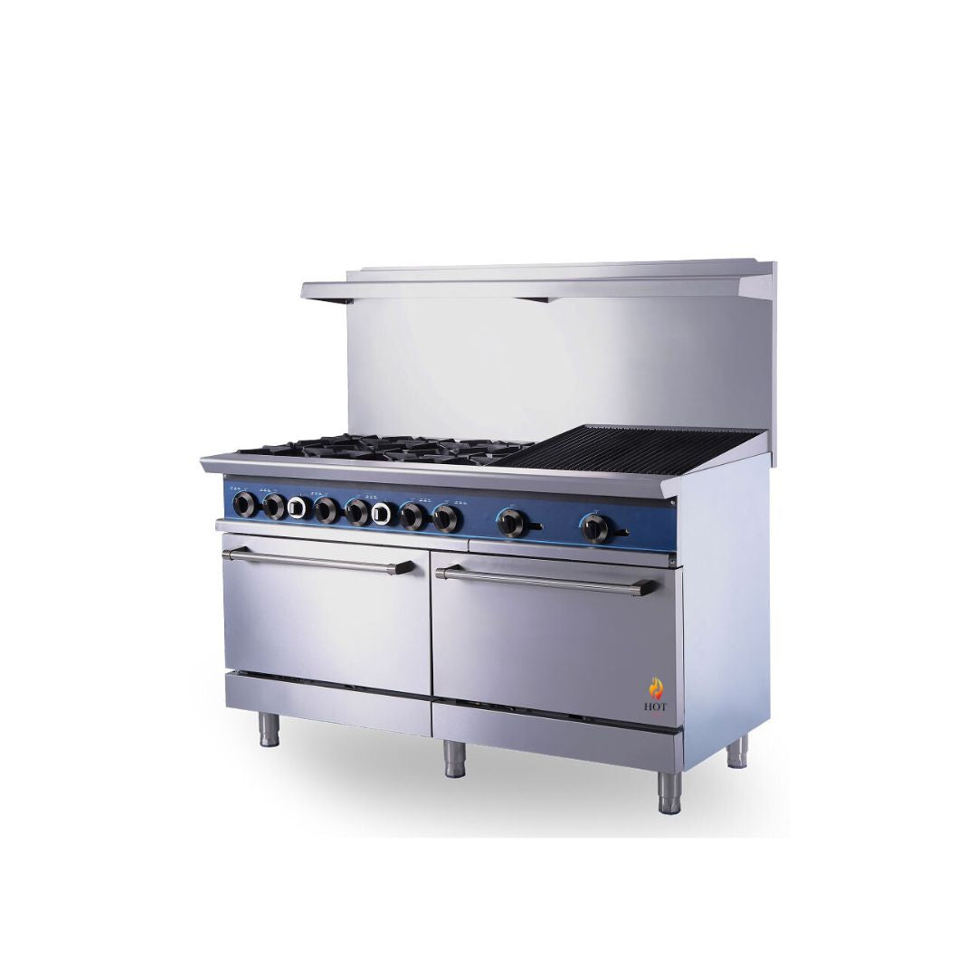 Gas Range with Built-In Convection Oven 60"w/24" Charbroiler top with 6 Open Burners  HZ-CR60-24CB